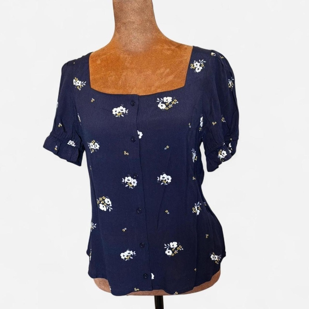 Anthropologie Elodie Navy Floral Square Neck Button Blouse XS NWT